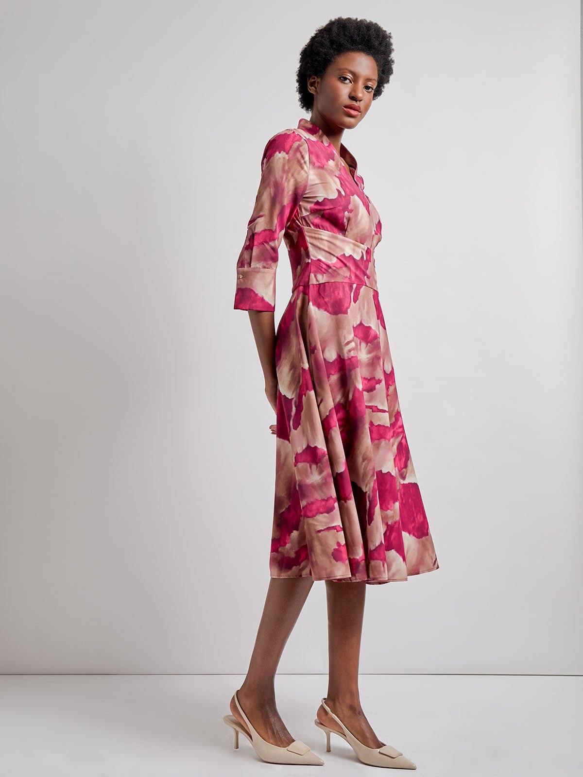 Fit & Flare Woven Watercolor Print Midi Dress - Modern Fit