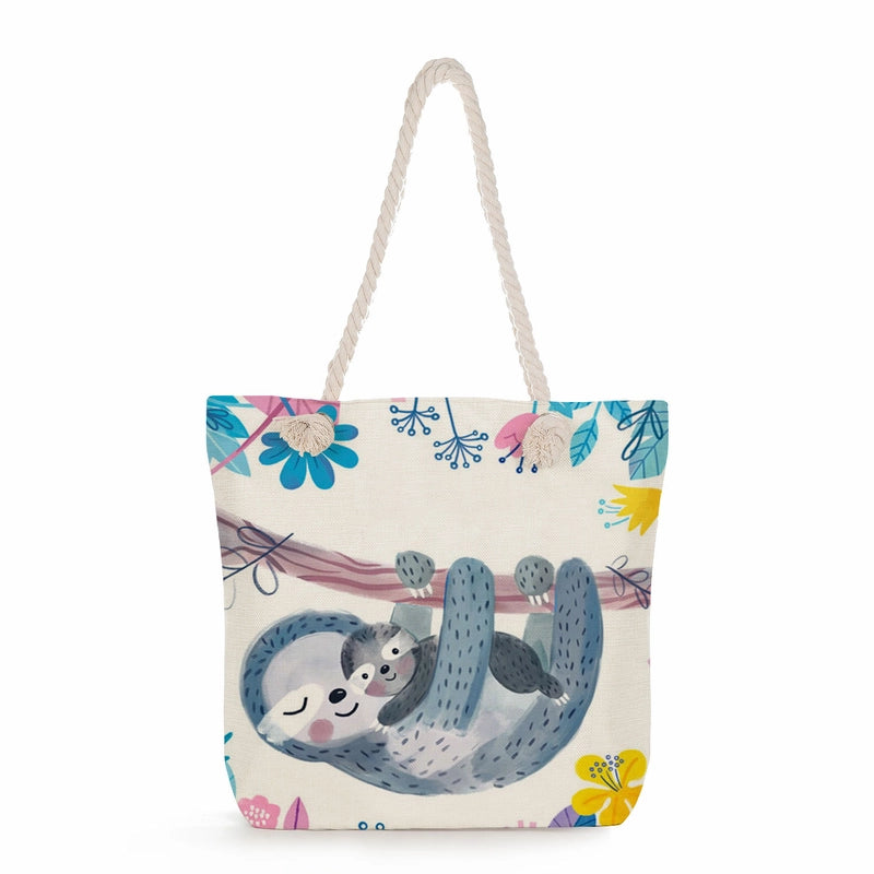 Women's Cotton And Linen Sloth Cute Square Zipper Tote Bag
