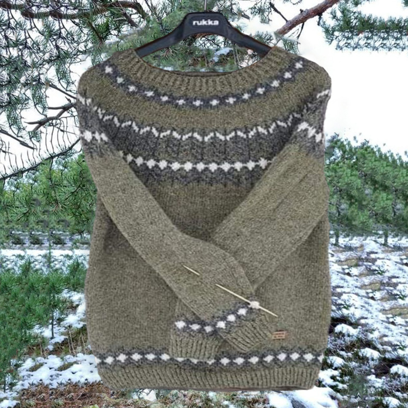 Vintage Army Green Icelandic Knit Jacquard Warmth Crew Neck Sweater Unisex