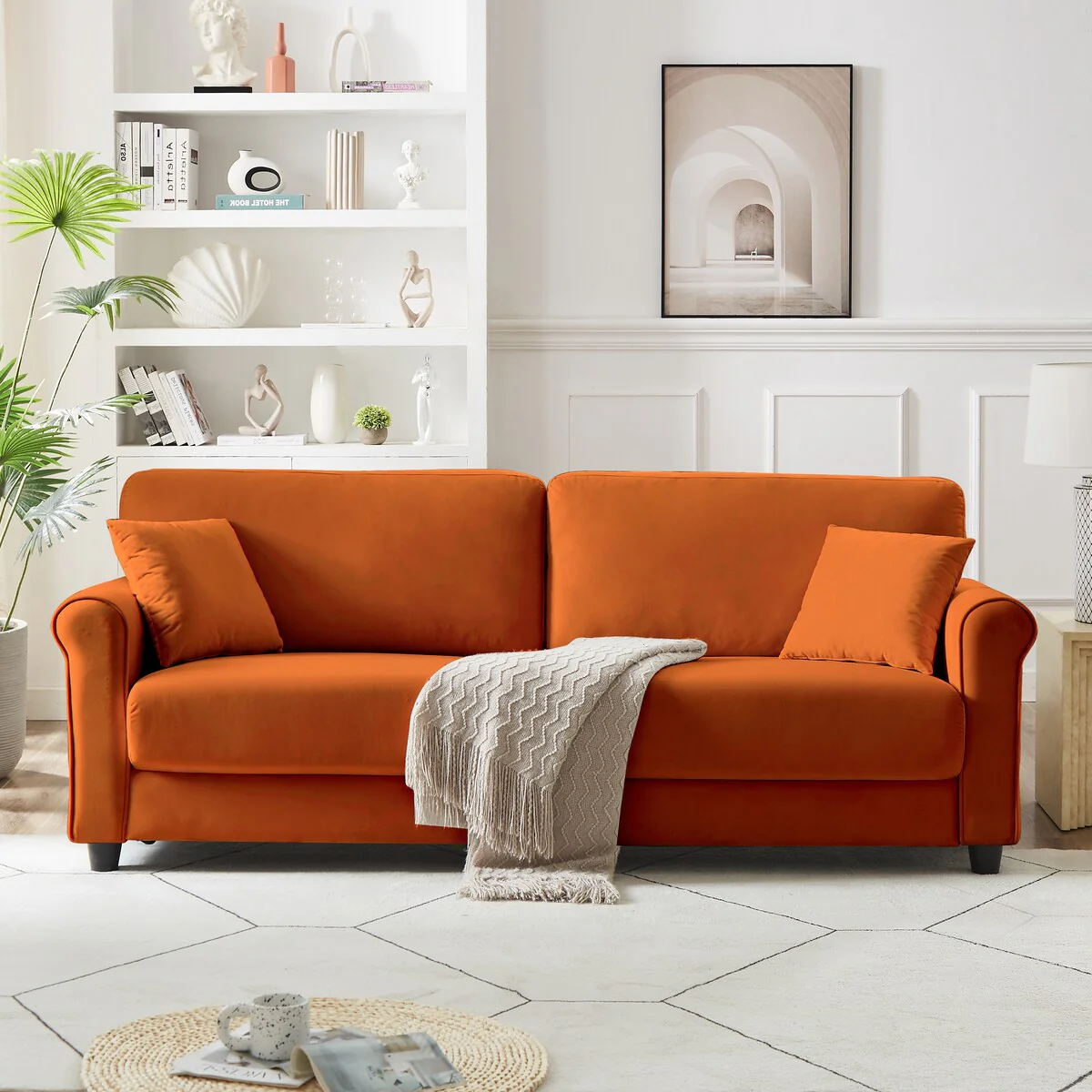 Classic Velvet Sofa Couch with Hardwood Frame, Upholstered Couch, Rounded Arms