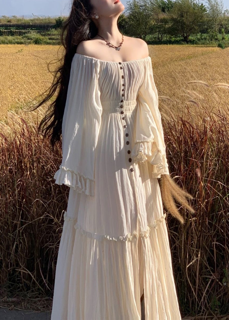 Elegant White Ruffled High Waist Cotton Maxi Dress Flare Sleeve