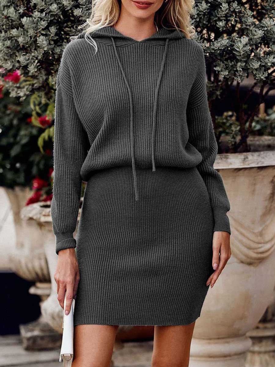 Solid Color Hooded Waisted Knit Wrap Skirt