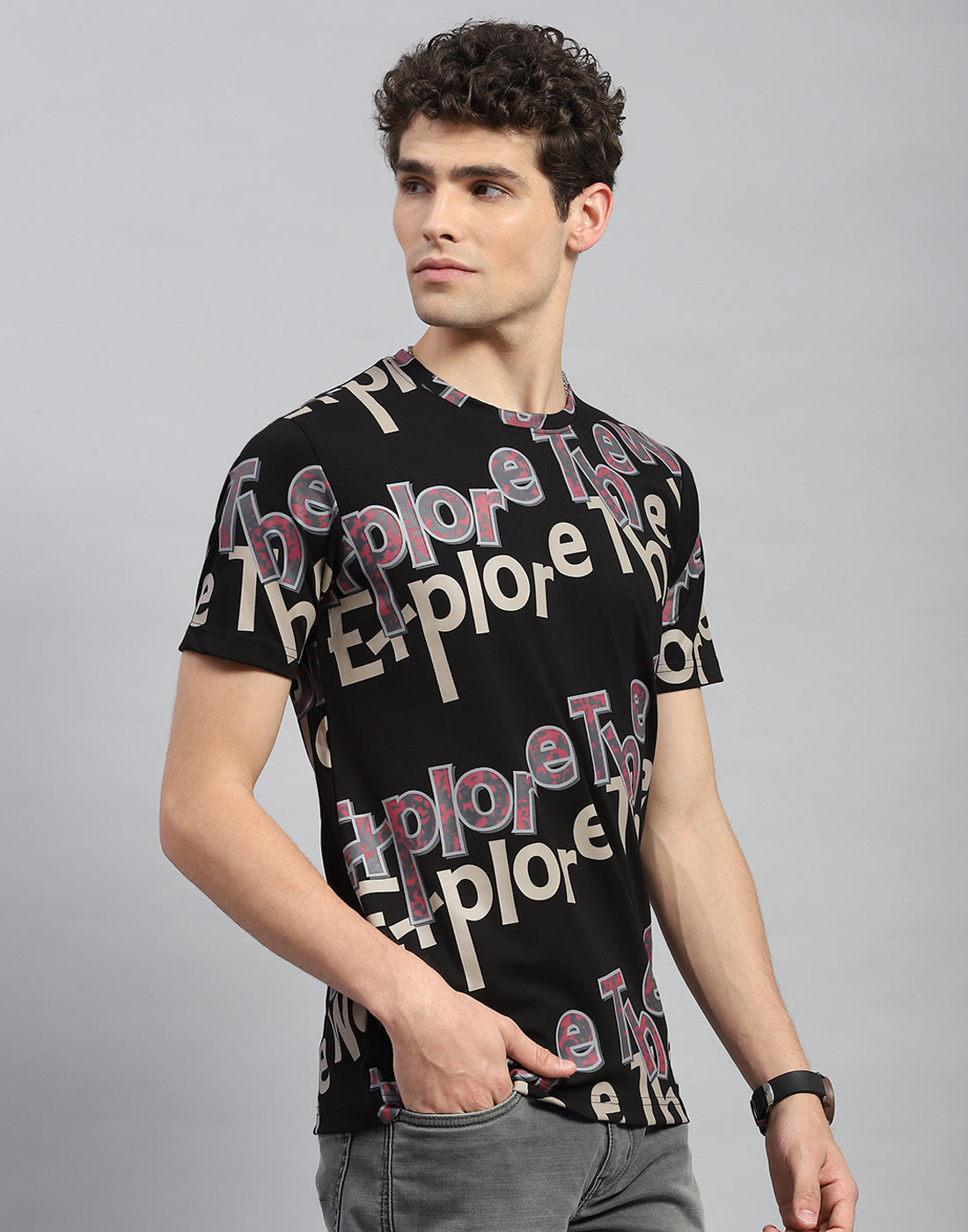 Men Black Printed Round Neck Half Sleeve T-Shirt