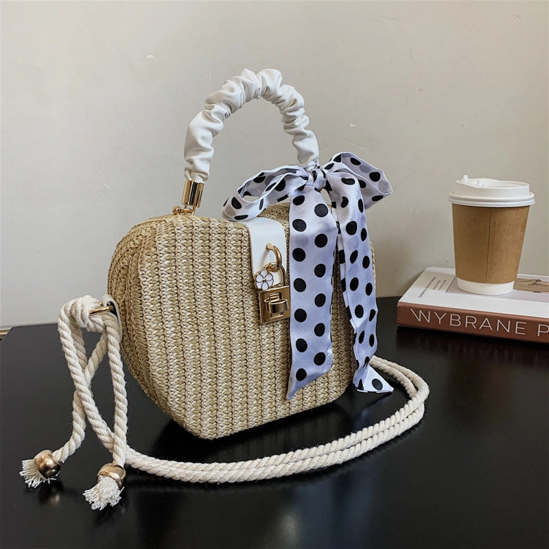 Women's Medium Straw Solid Color Vacation Beach Ribbon Weave Lock Clasp Straw Bag