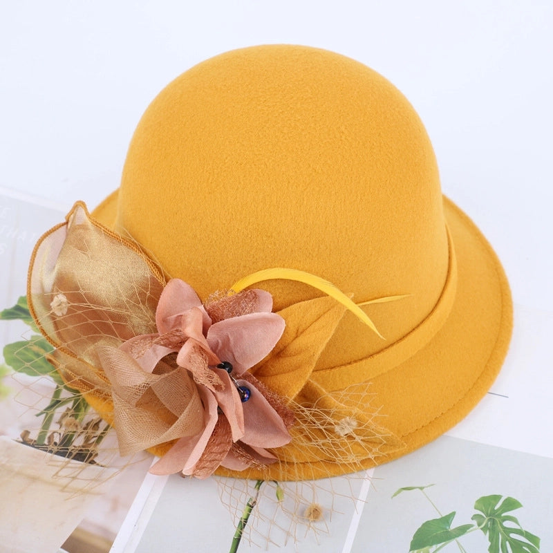 Women's Woolen Autumn And Winter New Dome Bowler Hat Female  Hepburn Style Yarn Flower Basin Hat Flat Brim Elegant Felt Hat