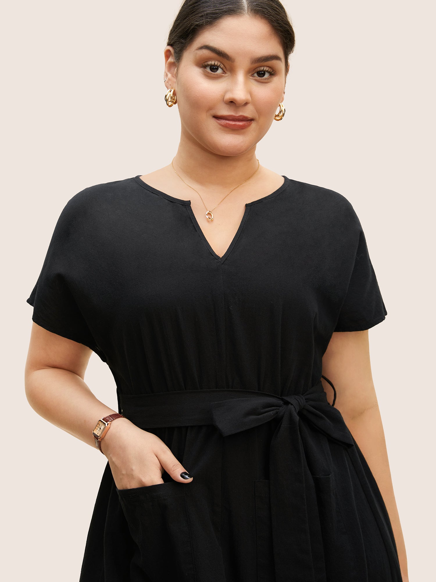 Solid Patched Pocket Belted Batwing Sleeve Dress