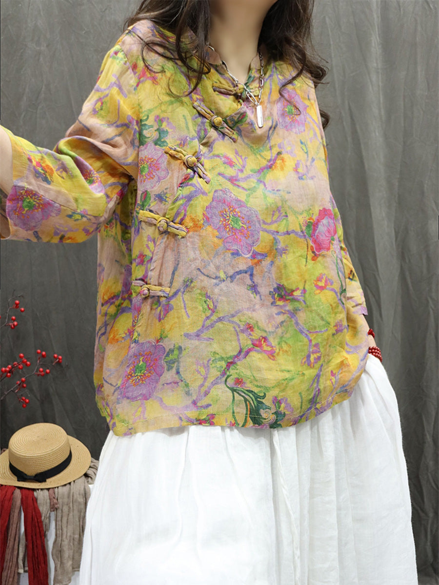 Women Summer Ethnic Stand Collar Flower 100%Ramie Shirt