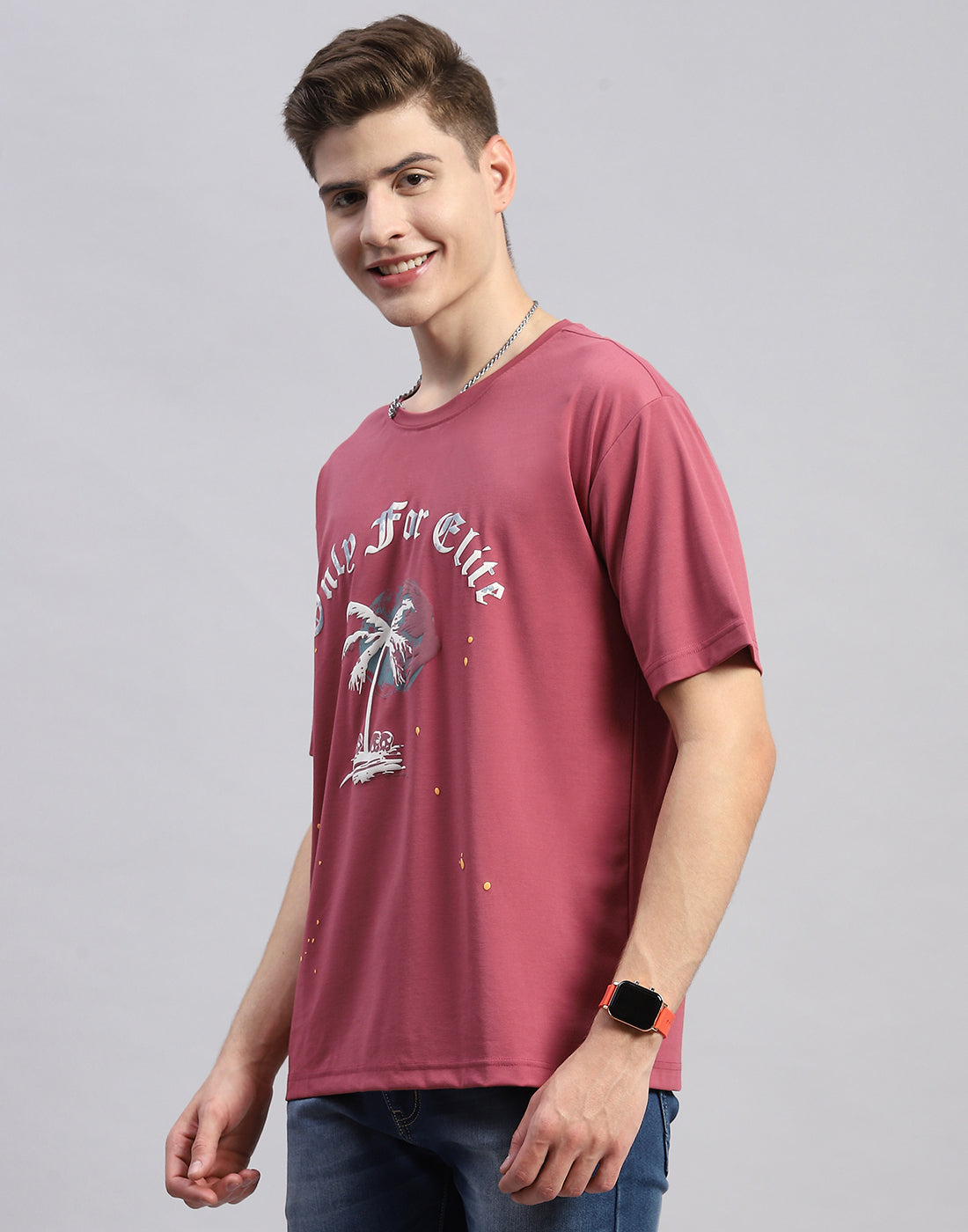 Men Pink Printed Round Neck Half Sleeve T-Shirt