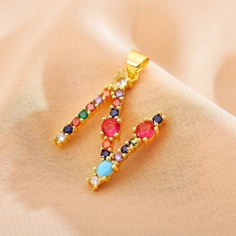 Copper Gold Plated Modern Style Shiny Inlay Letter Glass Stone Zircon Pendant Necklace