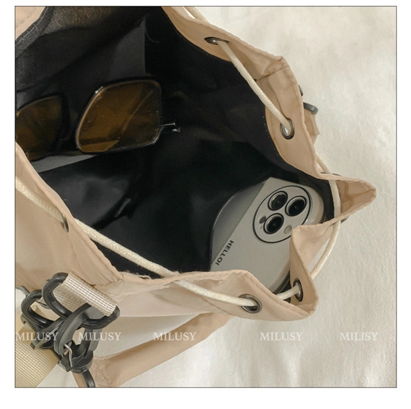 Women's Nylon Solid Color Classic Style Square String Shoulder Bag Bucket Bag