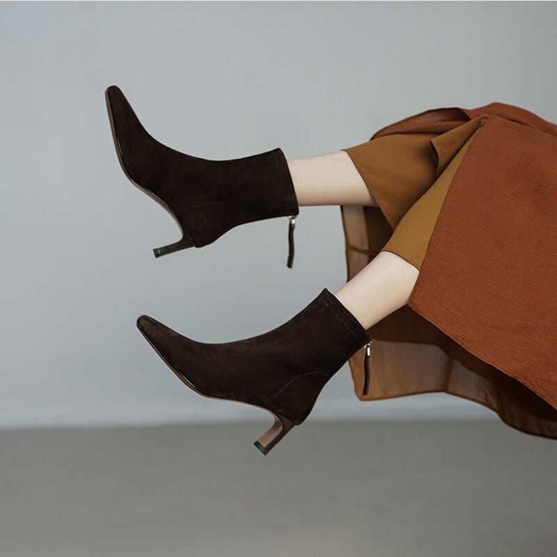 Elegant Ankle Boots 60mm Heeled Back Zipper Slimming Boots in Black/Brown/Suede Brown