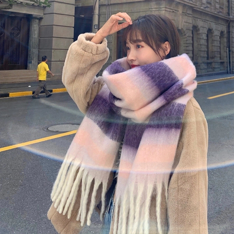 Purple Striped Scarf Women's Autumn And Winter  Trendy Winter Warm Imitation Cashmere Windproof Scarf For Students