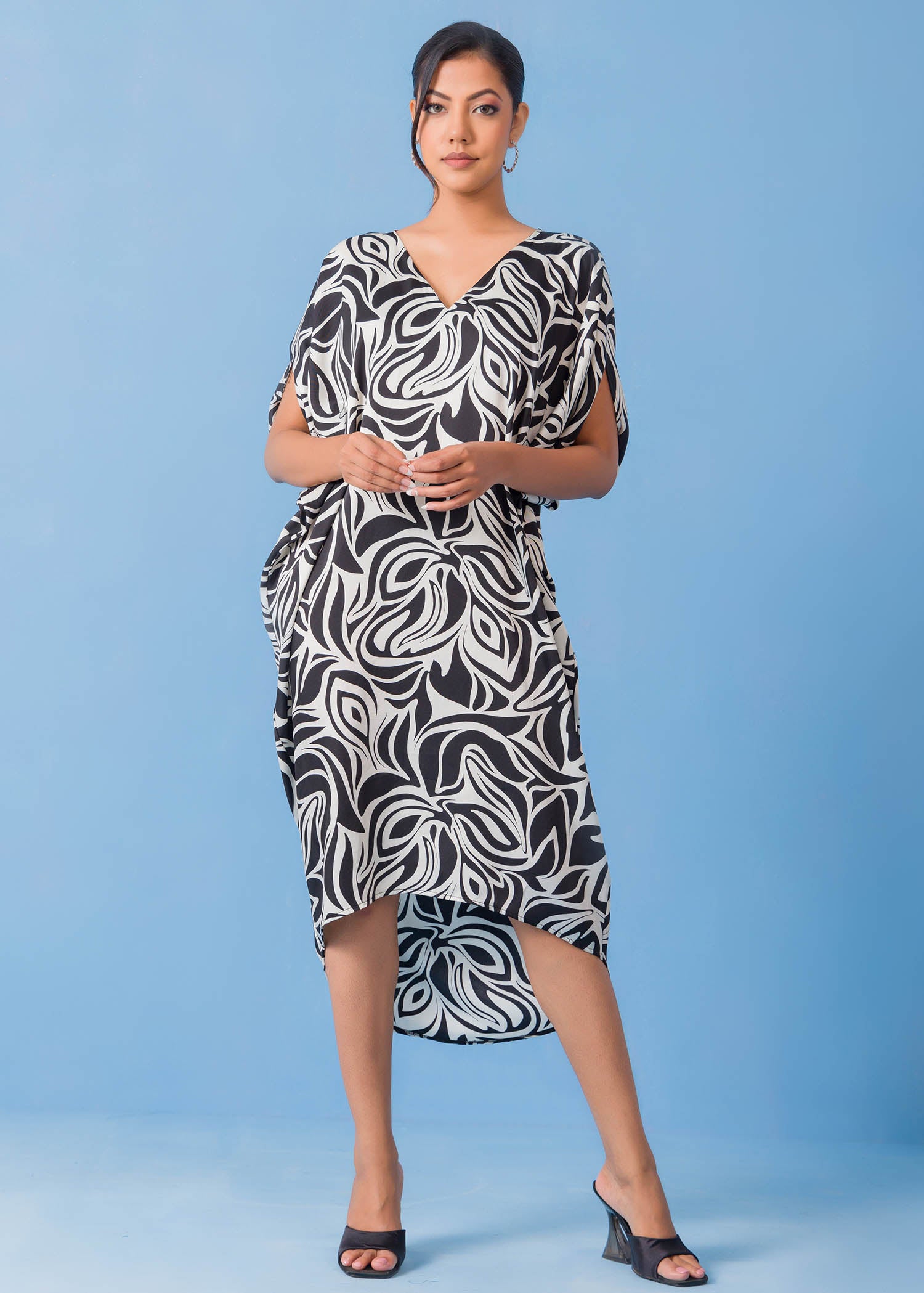 V Printed Neck Kaftan Dress