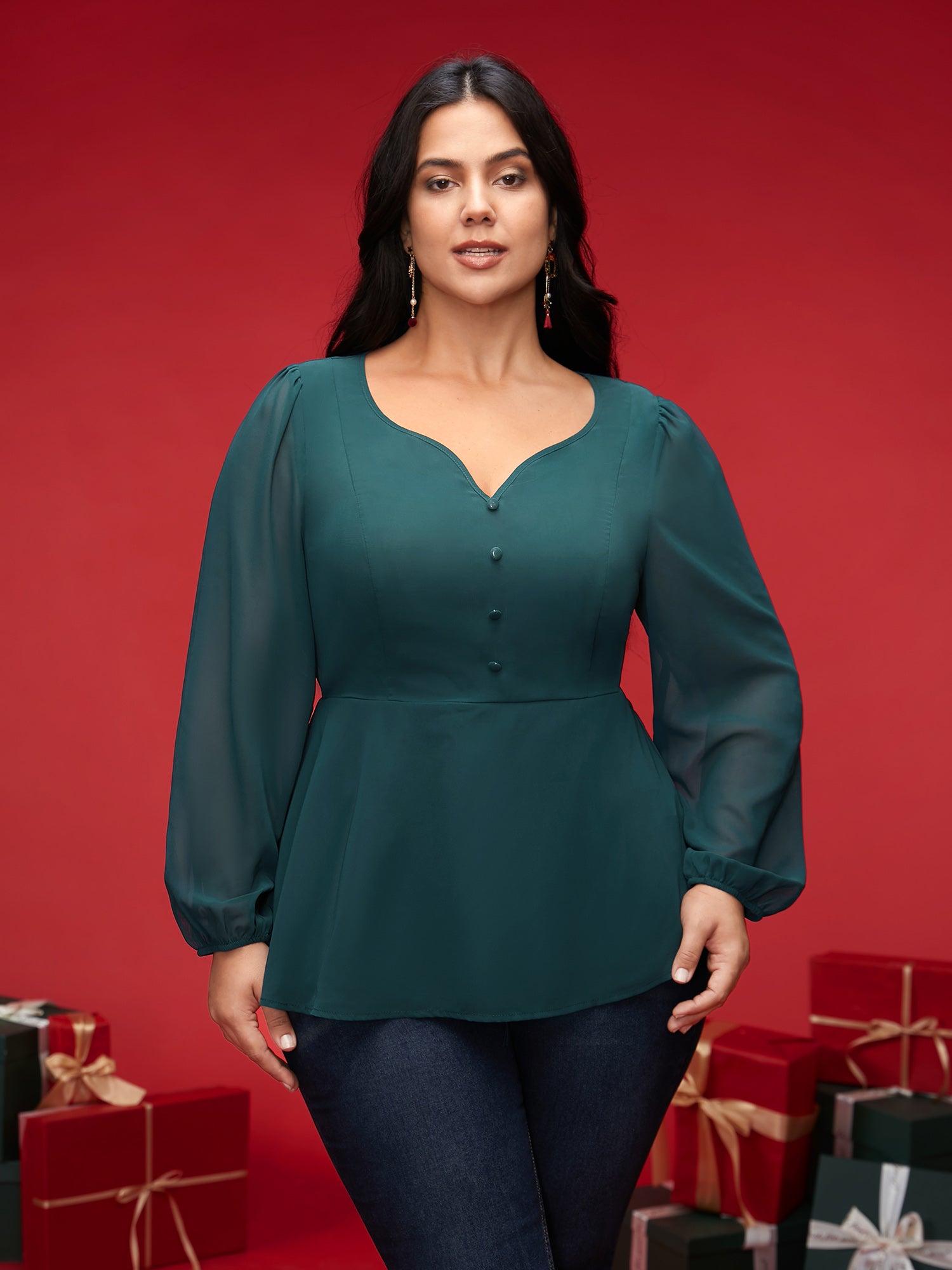 Puff Sleeves Front Placket Chiffon Blouse