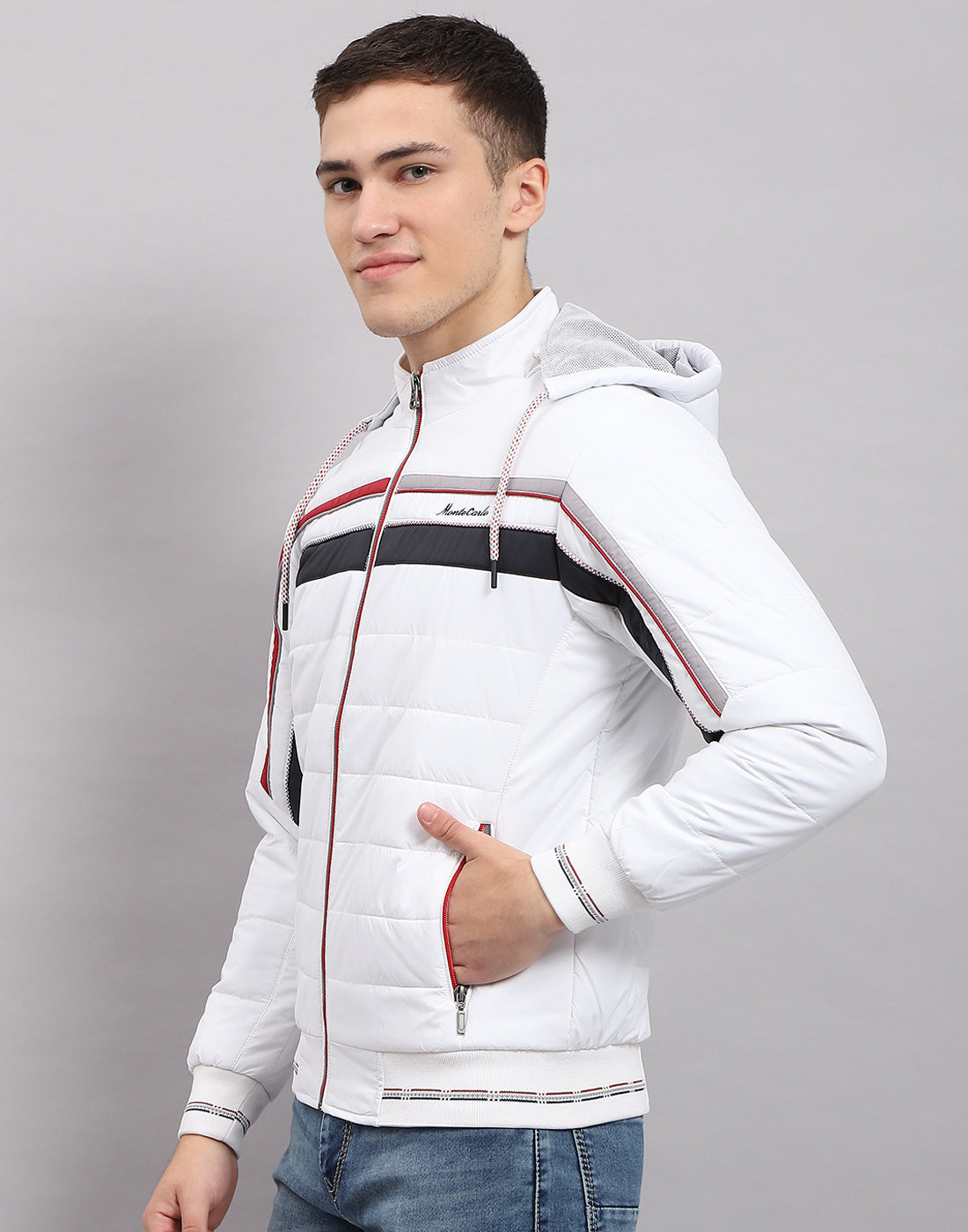 Men White Solid Hooded Full Sleeve Jacket