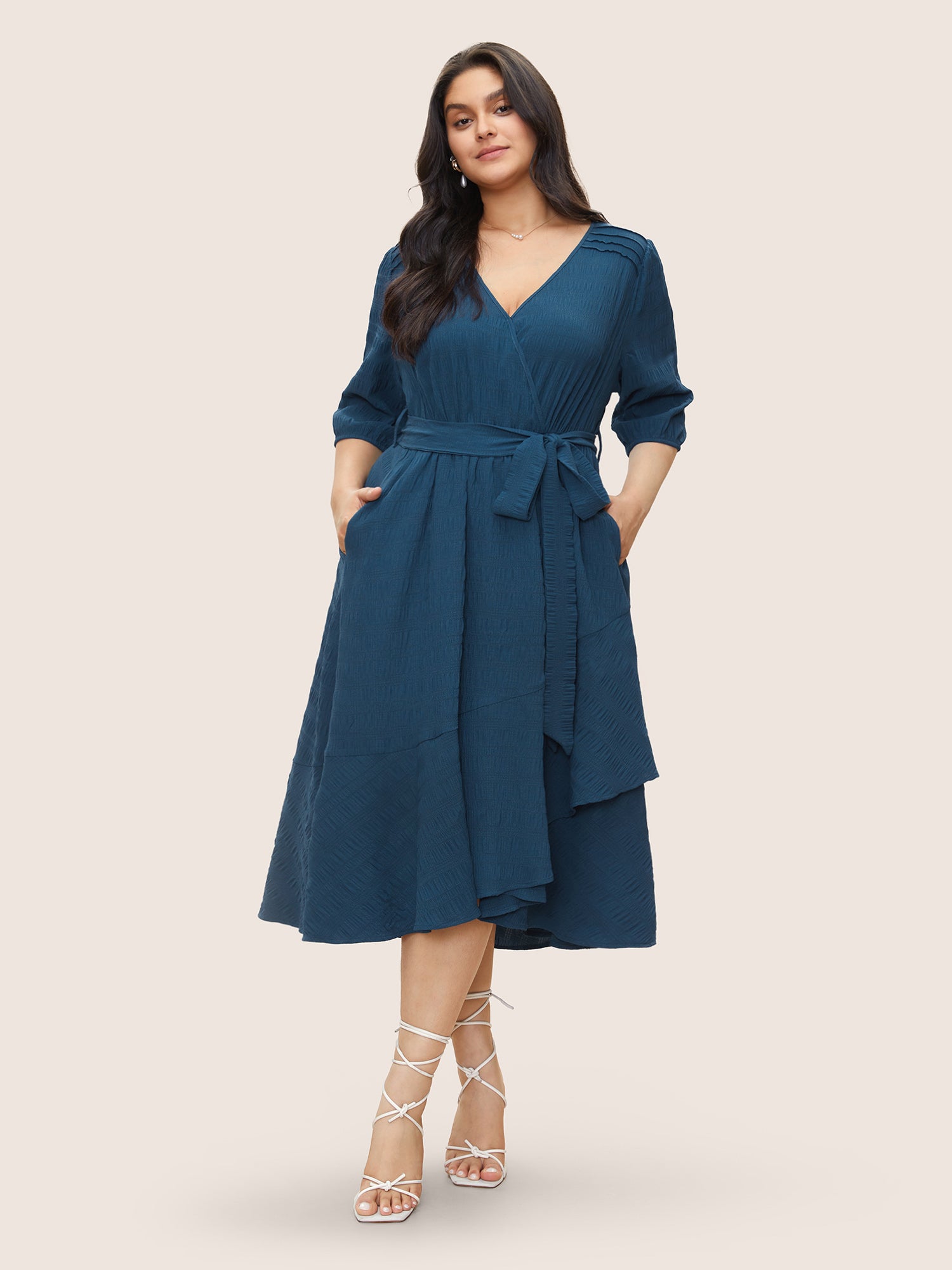 Plisse Overlap Collar Belted Pleated Detail Dress