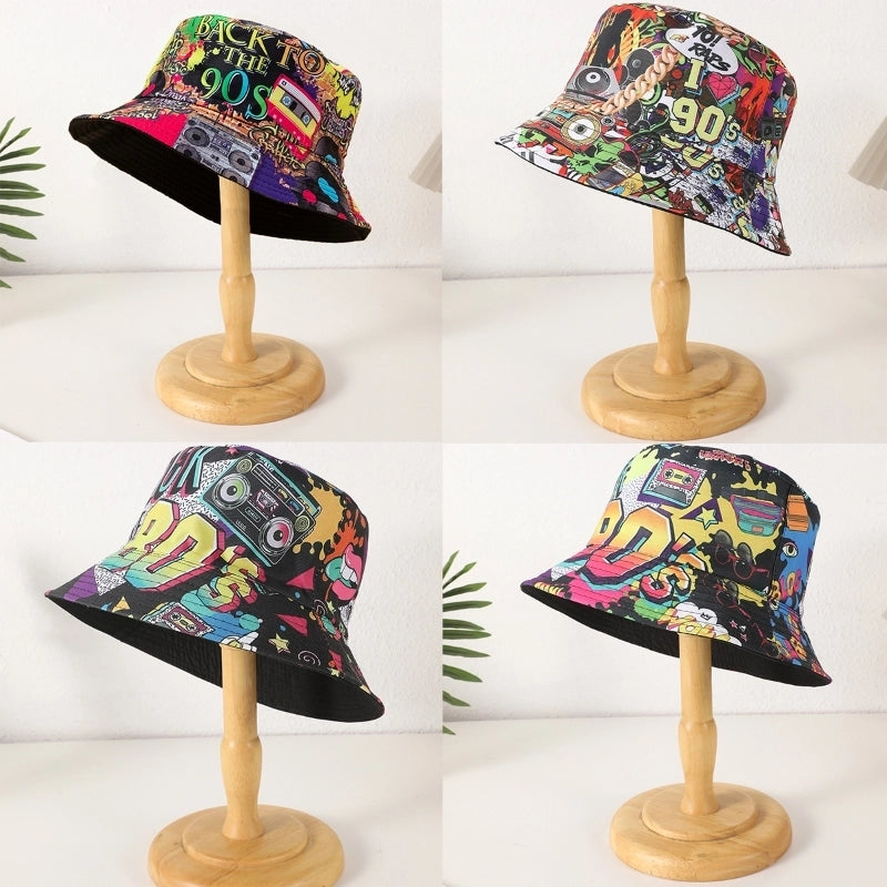 Unisex Casual Retro Artistic Letter Color Block Printing Curved Eaves Bucket Hat