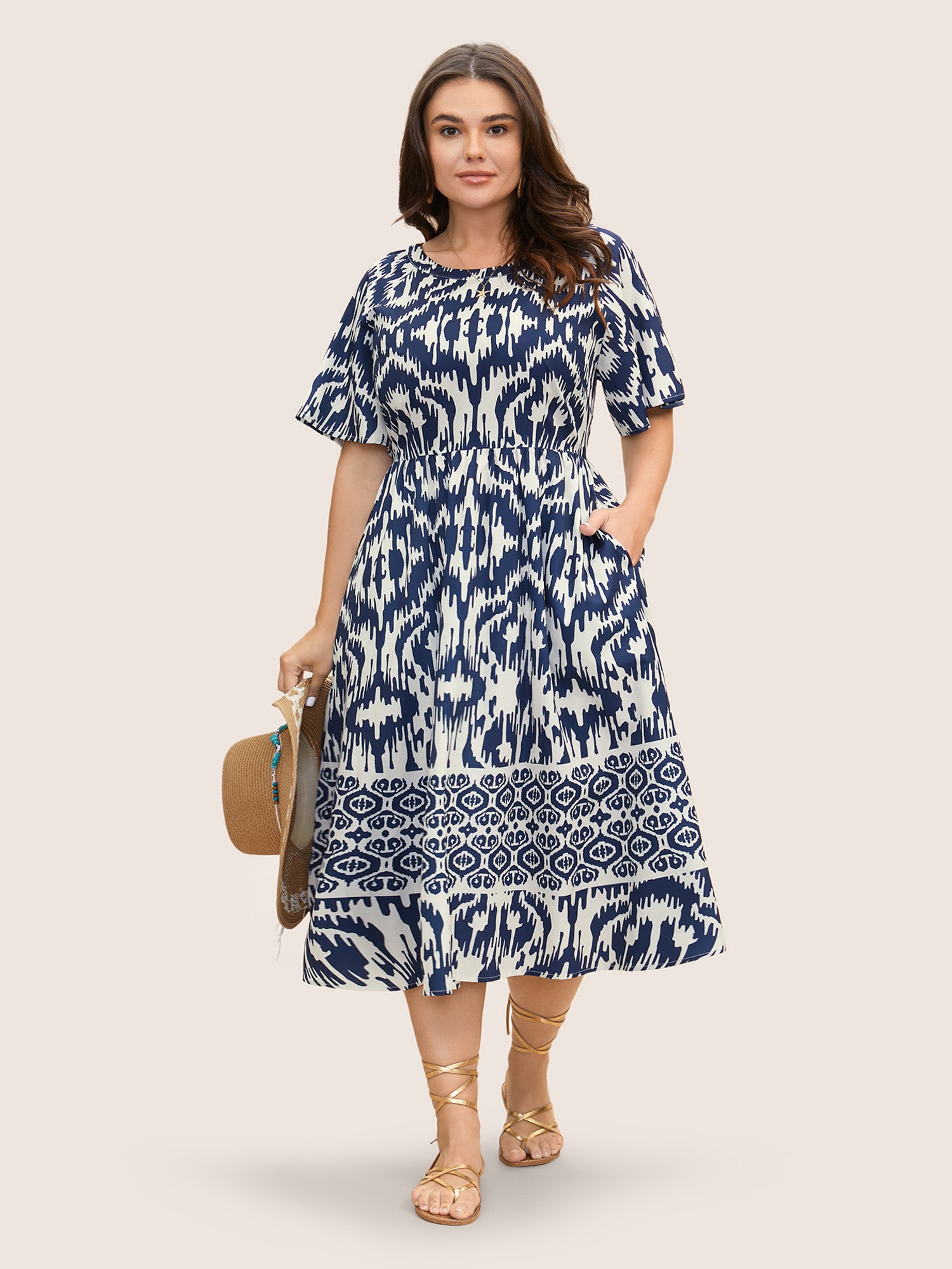 Boho Print Ruffle Sleeve Midi Dress