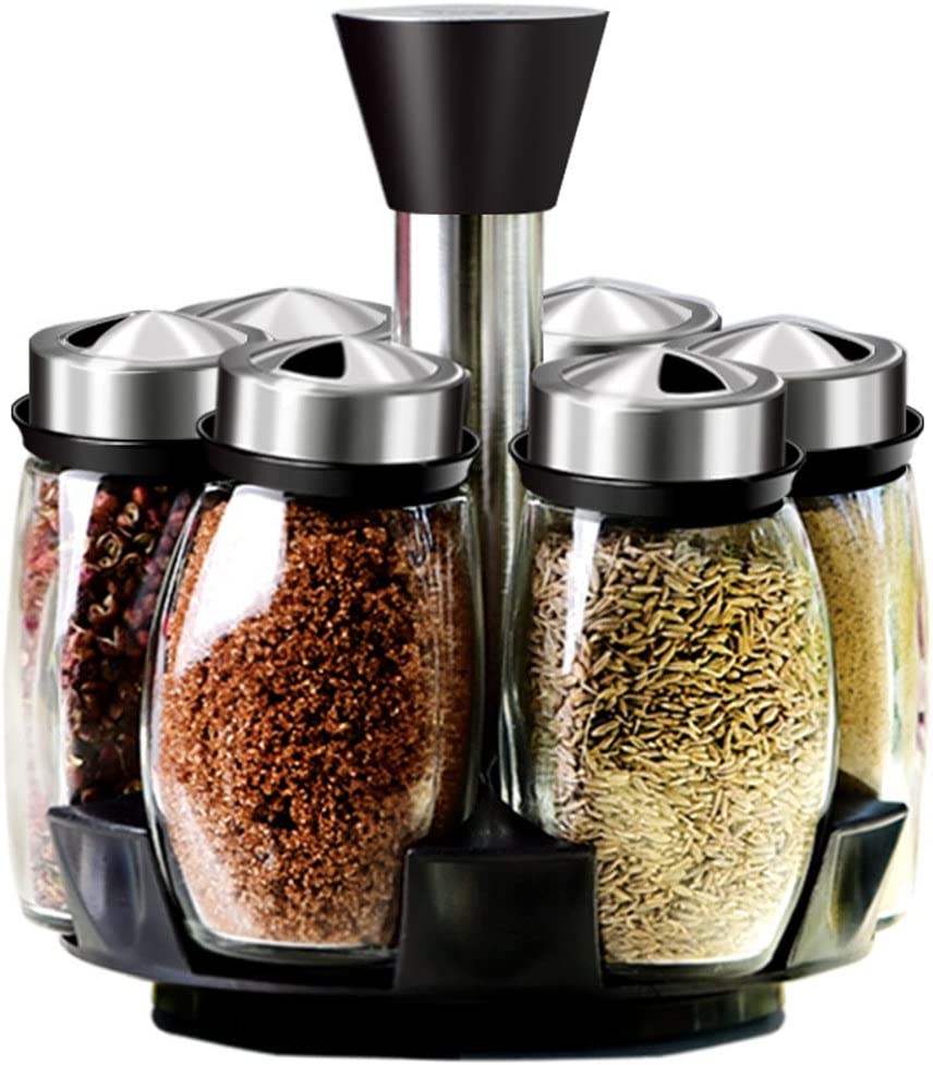 Spice Rack With 6 Glass Spice Holders Jar. Revolving Spice Rack Kitchen Cabinet And Worktop