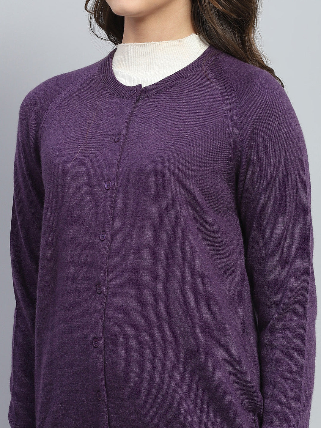 Women Purple Solid Round Neck Full Sleeve Cardigan