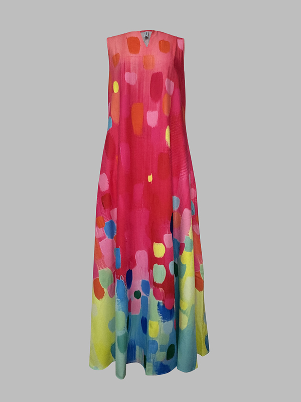 Loose Sleeveless Contrast Color Printed V-Neck Maxi Dresses