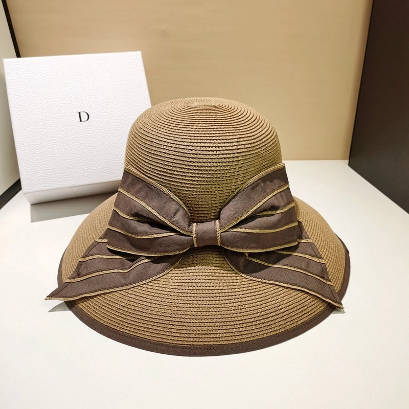 Women's Basic Pastoral Minimalist Bow Knot Wide Eaves Straw Hat