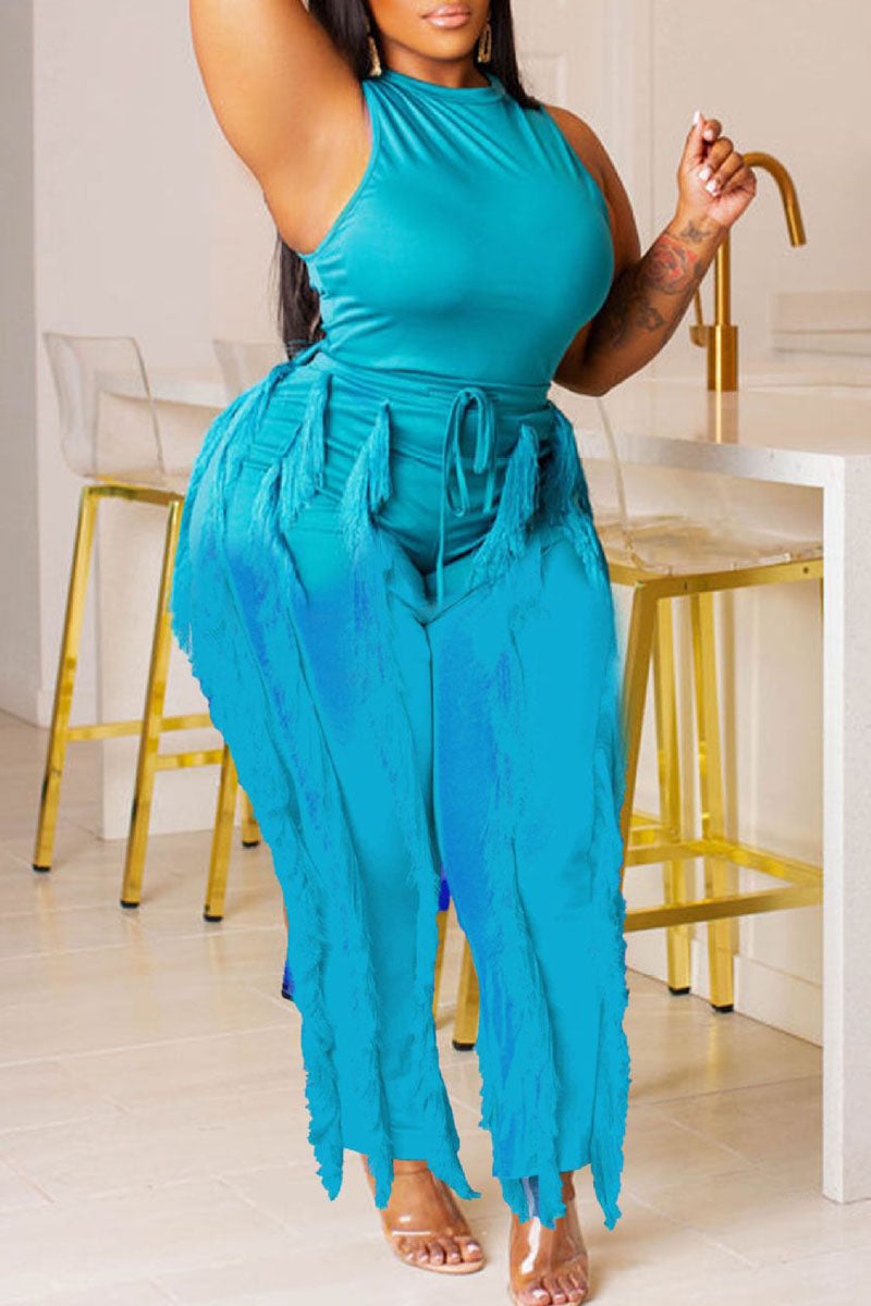 Sexy Solid Tassel Patchwork O Neck Two Pieces