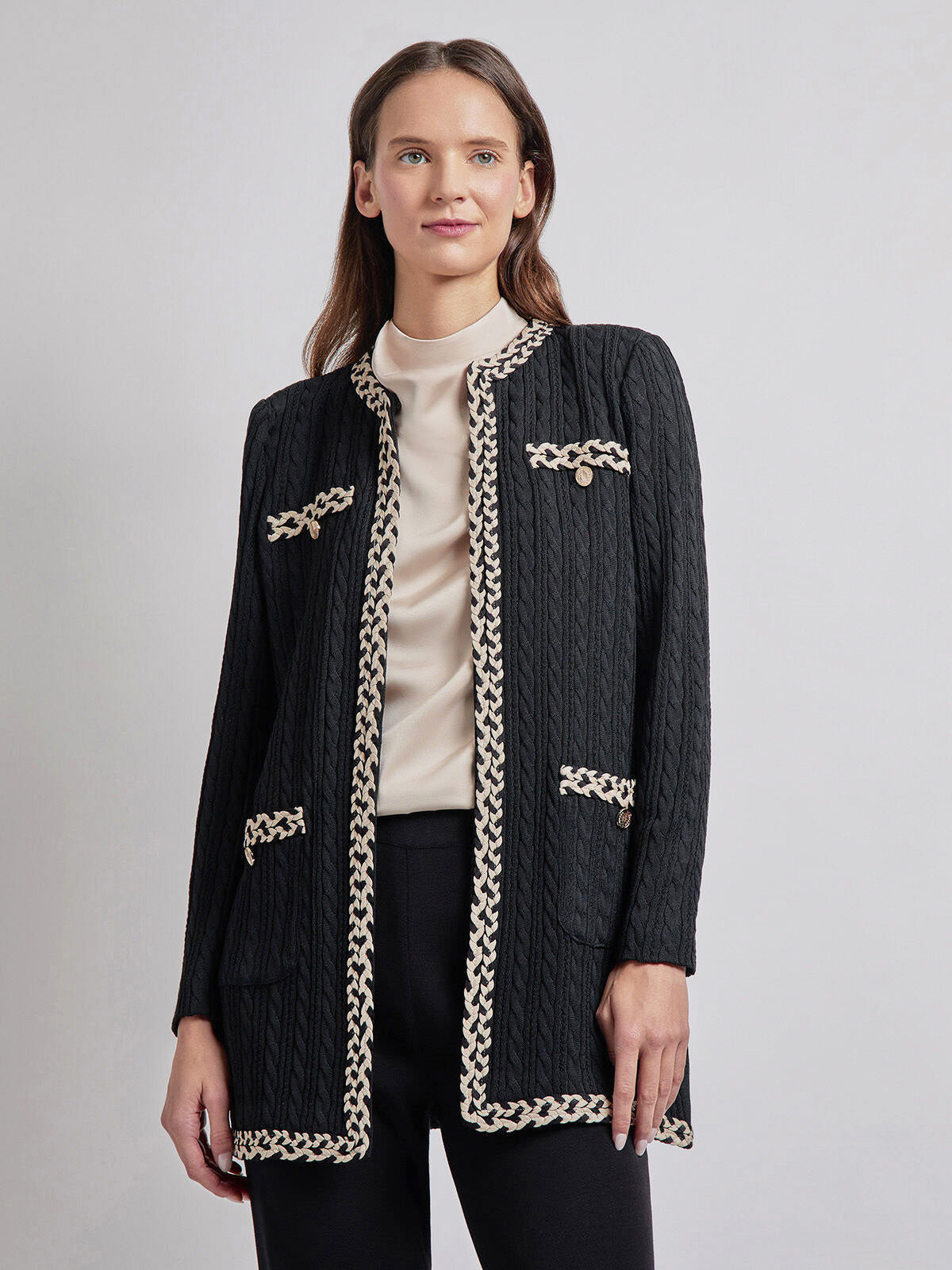 Jewel Neck Contrast Trim Cable Knit Jacket