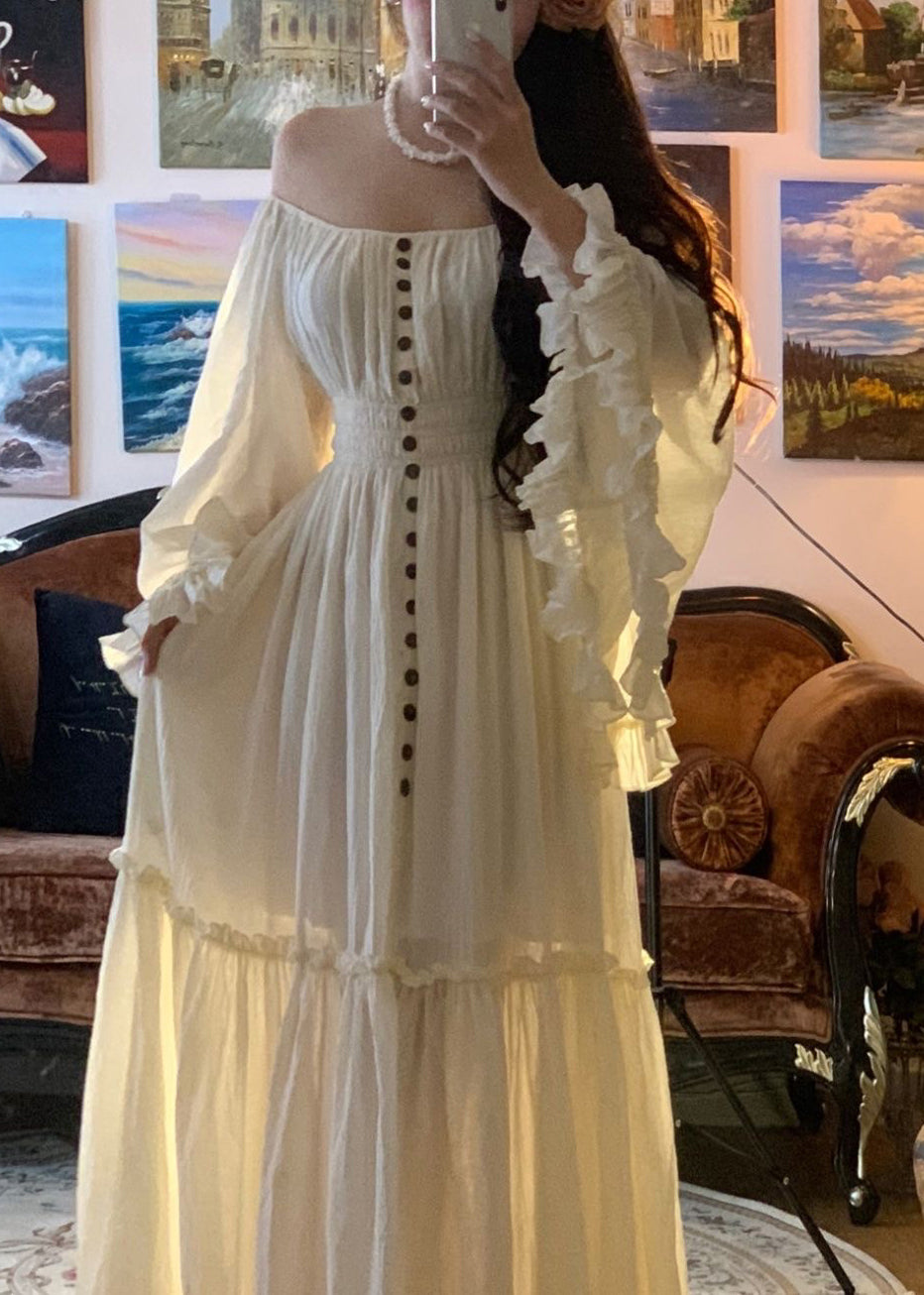 Elegant White Ruffled High Waist Cotton Maxi Dress Flare Sleeve