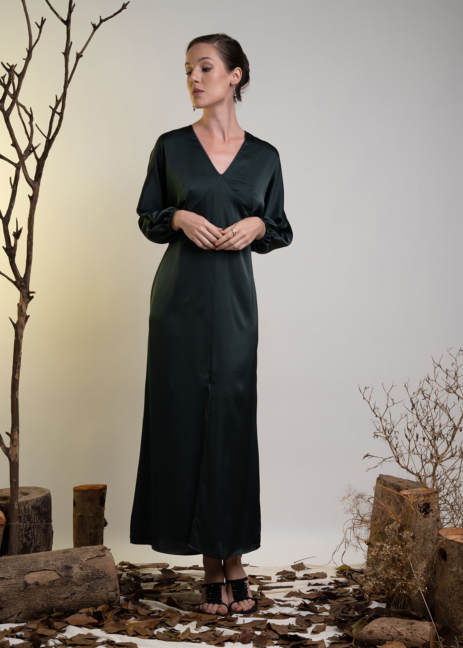 V Neck Long Sleeve Maxi Dress With Front Slit