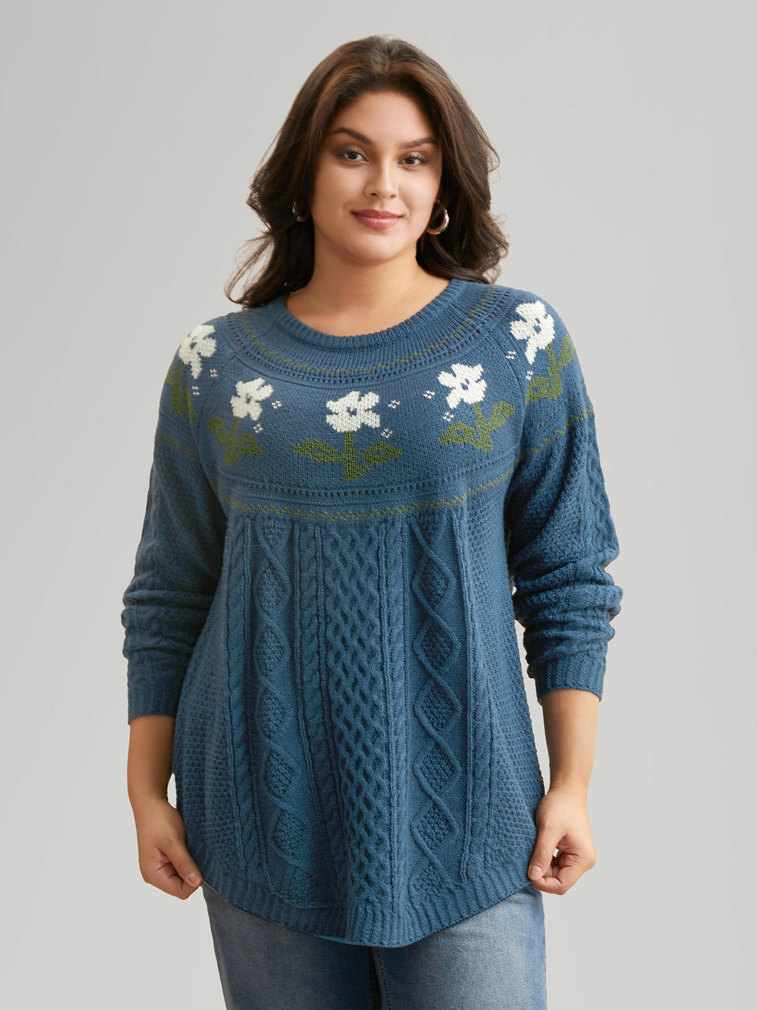 Floral Jacquard Raglan Sleeve Pullover