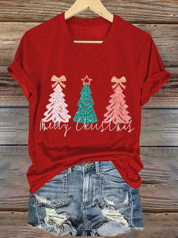 Women's Sequined Merry Christmas Tree Print Casual T-shirt