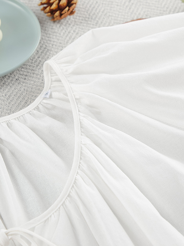 Loose Puff Sleeves Lace-Up Pleated See-Through Solid Color V-Neck Mini Dresses Sleep Dress