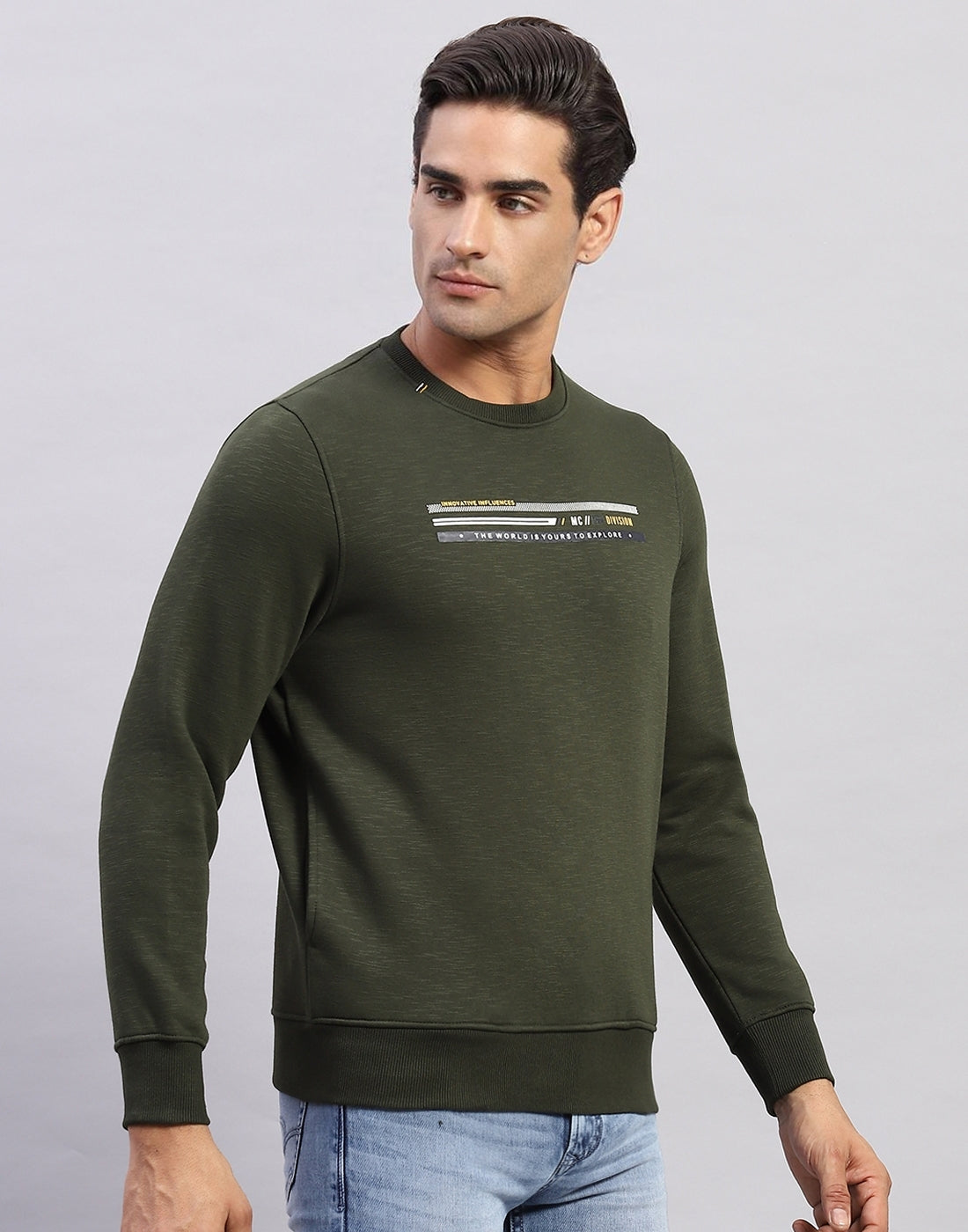 Men Olive Printed Round Neck Full Sleeve Sweatshirt