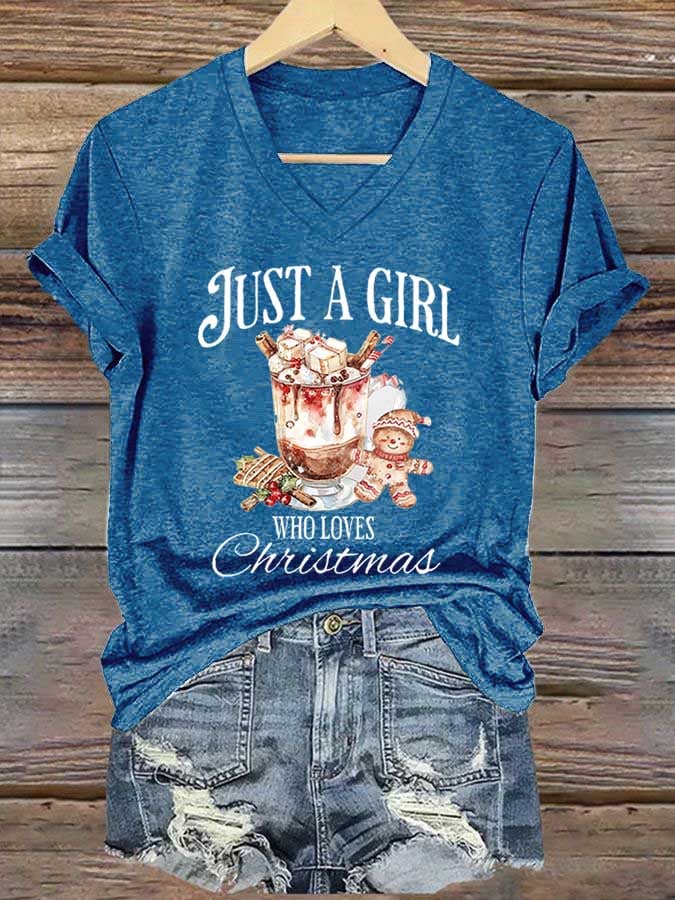 Women's Just A Girl Who Loves Christmas Print Casual V-Neck T-Shirt