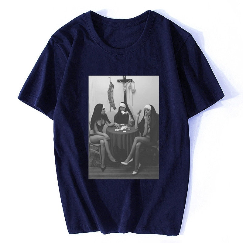 Nuns Naked Playing Cards Smoking Tee