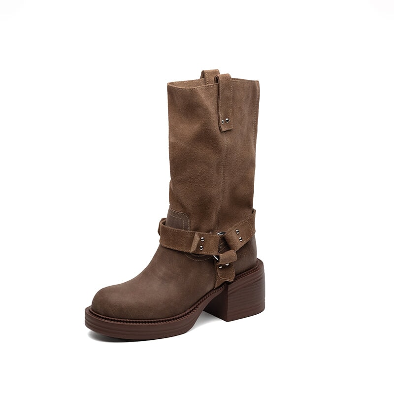 Women's Leather Western Boots Block Heel Mid Calf Boots for Autumn/Winter