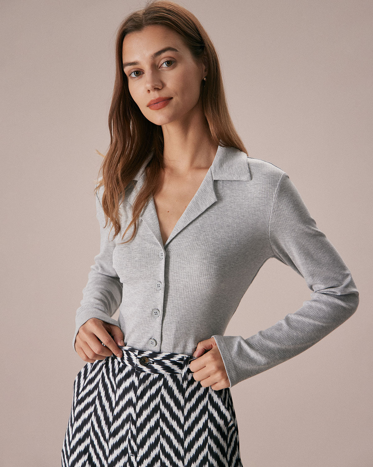 The Grey Lapel Button Down Ribbed Knit Top