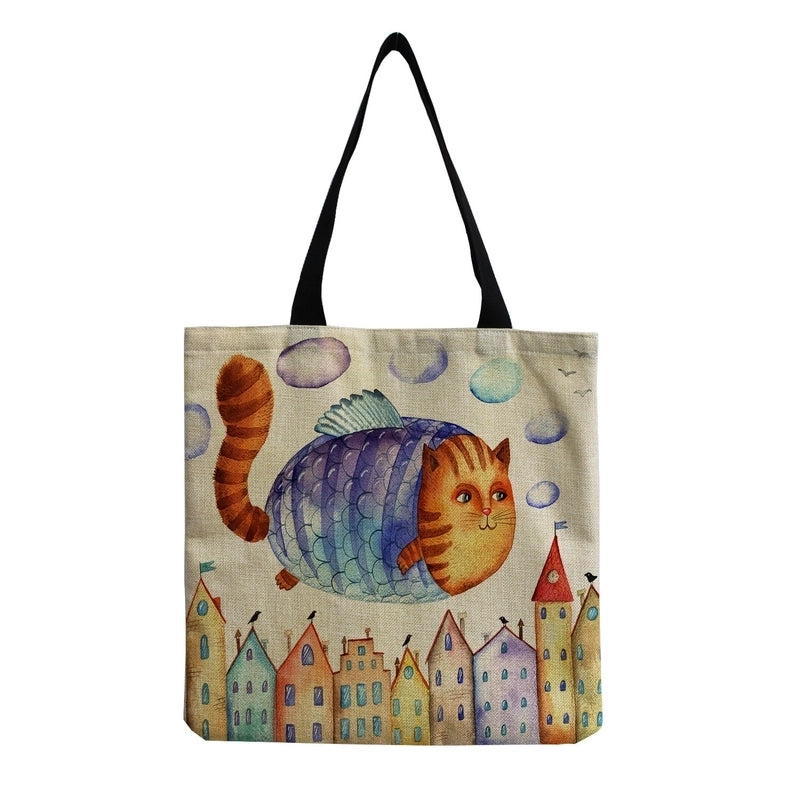 Women's All Seasons Linen Cat Minimalist Square Open Canvas Bag