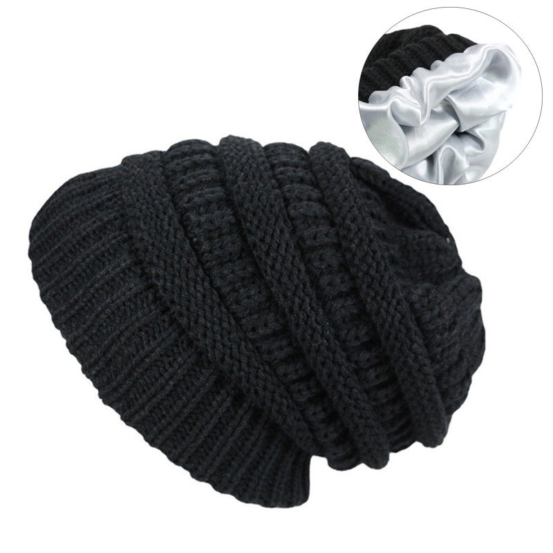 Autumn And Winter Solid Color Knitted Warm Ear Protection Hat Satin Lining Wool Cap Cap Cap Manufacturers Selling