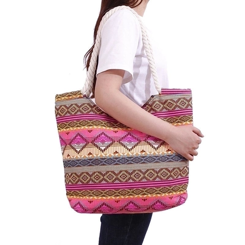 Women's Large Cotton Polyester Stripe Vacation Square Zipper Canvas Bag