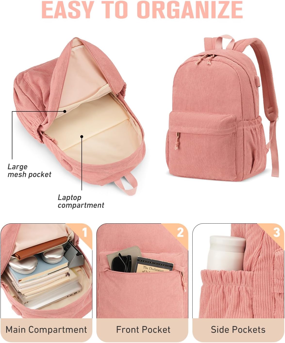 School Backpack for Teens Girls Boys, Large Corduroy College Bookbag Lightweight Backpack Purse for Women Fit for 15.6 Inch Laptop (Beige)