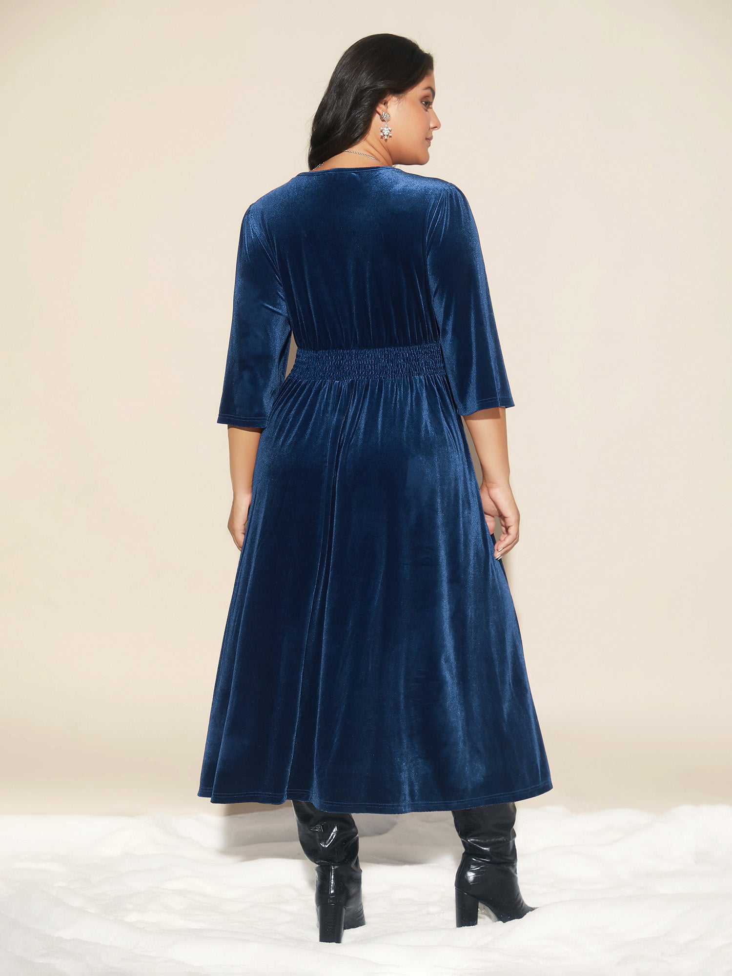 Velvet Ruched Surplice Neckline Midi Dress