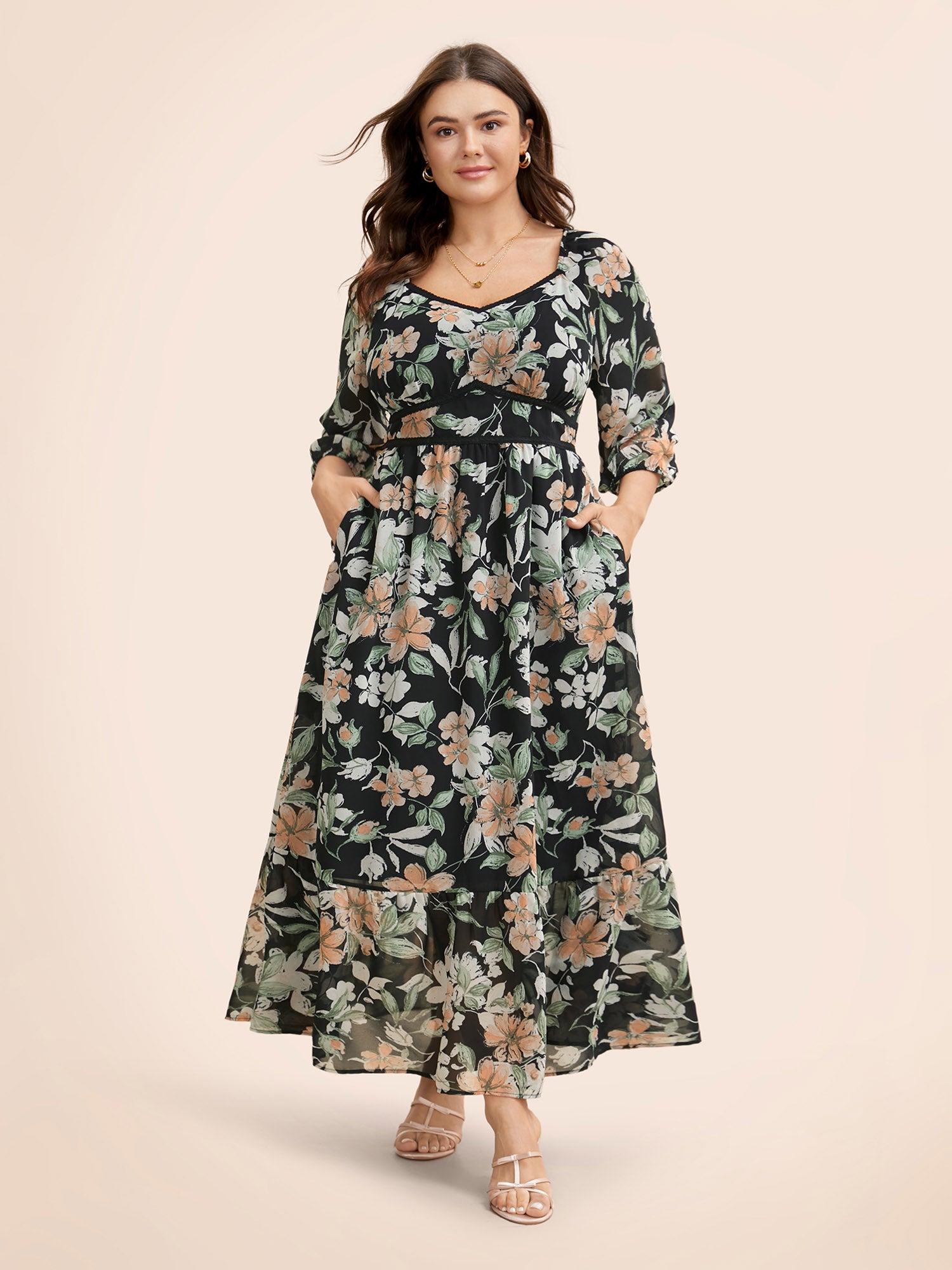 Floral Heart Neckline Woven Ribbon Gathered Dress