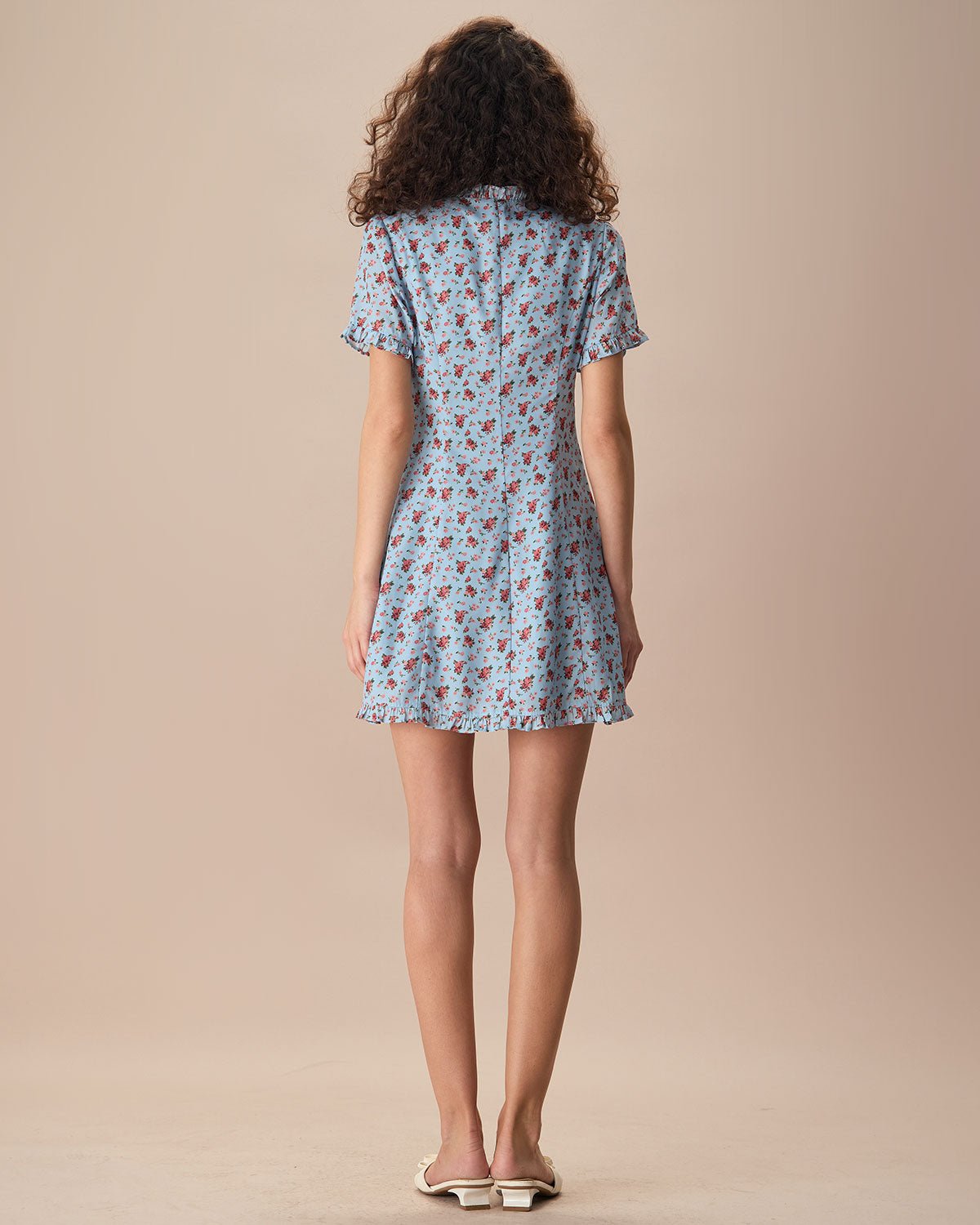 The Blue V Neck Frill Trim Floral Mini Dress