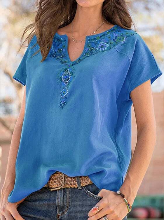 Boho Short Sleeve Embroidered V Neck Shirts Tops