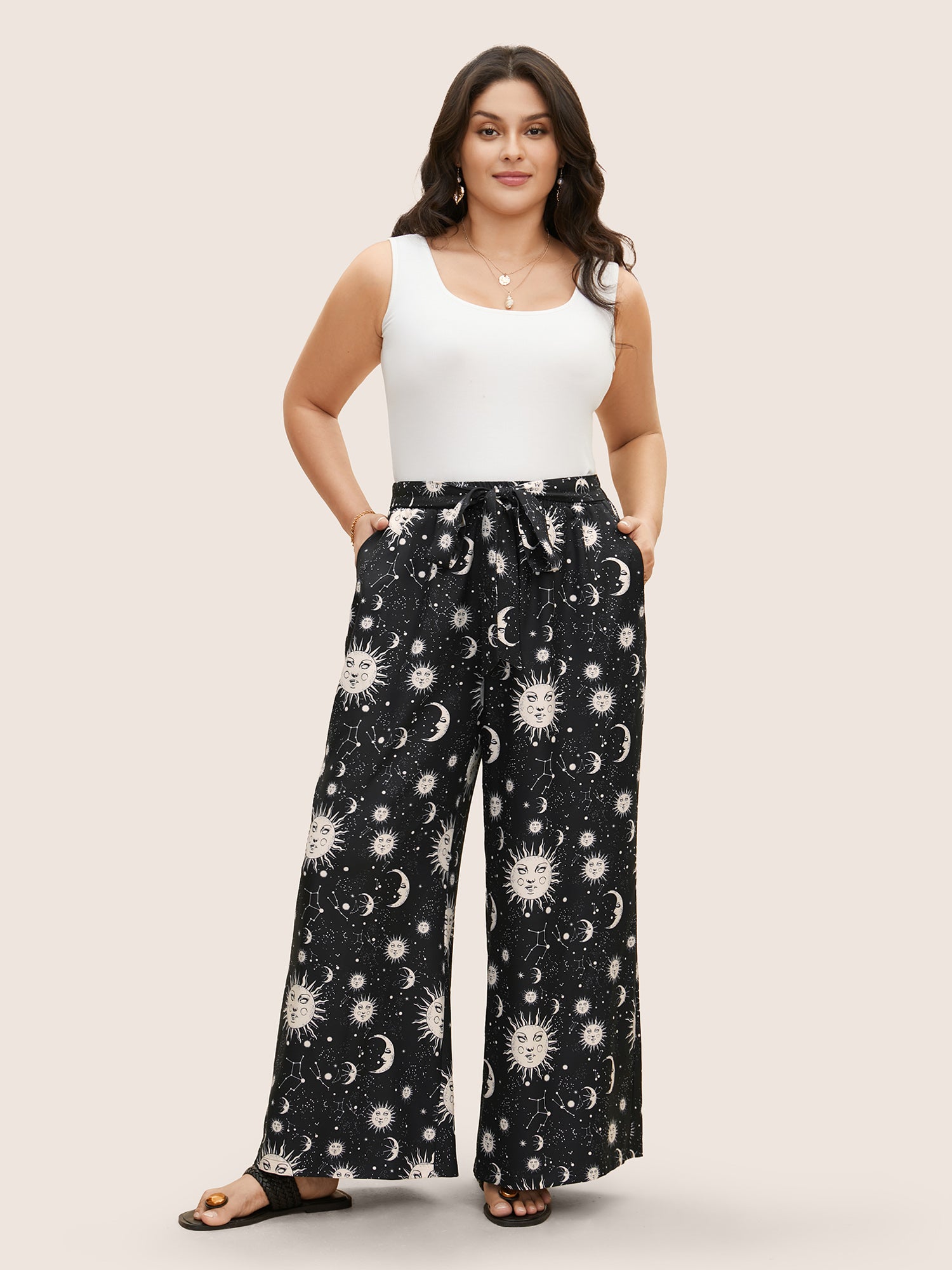 Silhouette Floral Print Ties Side Seam Pocket Pants