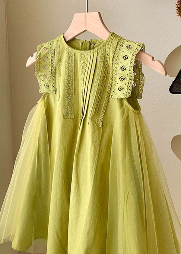 Elegant Green Hollow Out Embroidered Tulle Patchwork Cotton Baby Girls Dress Summer