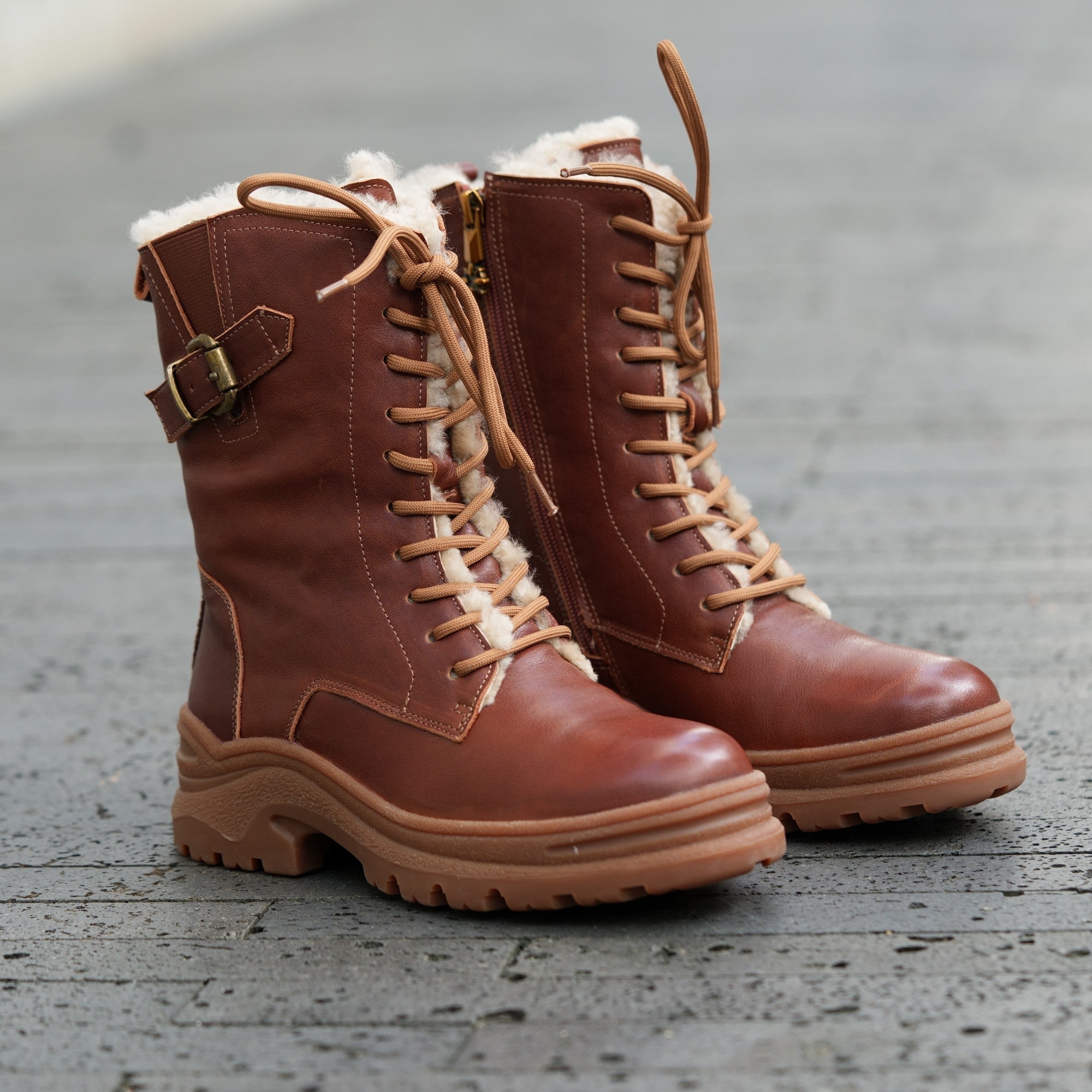 Leather Combat Boots Designer Retro Chunky Riding Boots in Coffee/Black Have Shearling Lined Choice