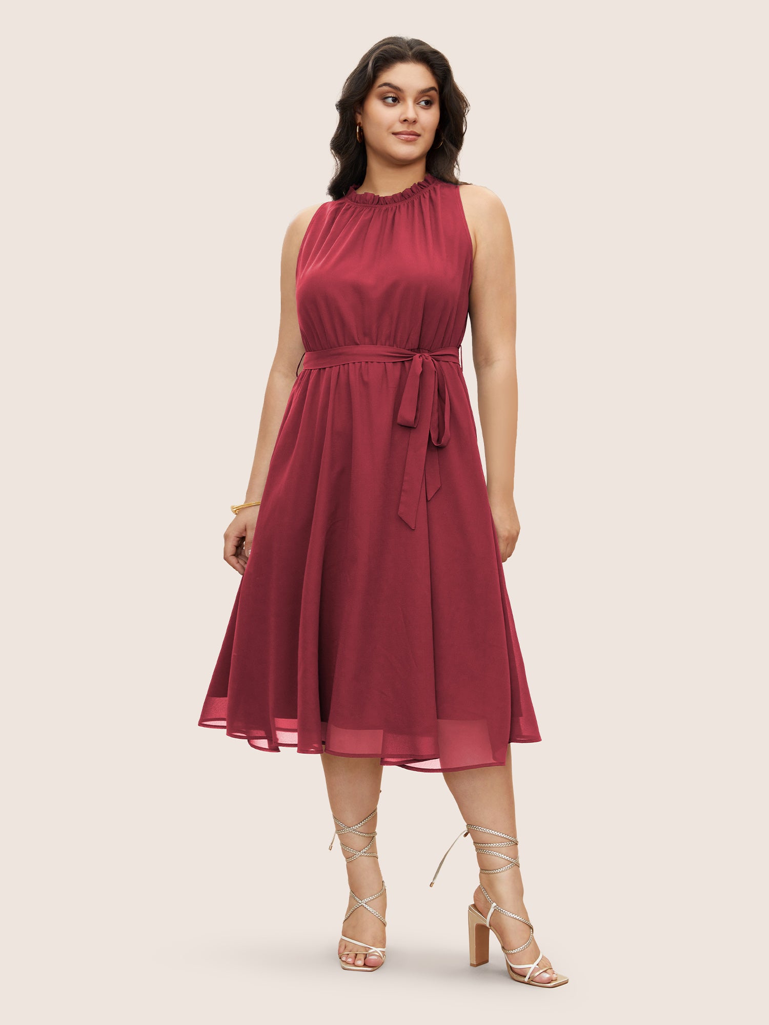 Plain Sleeveless Frill Trim Pocket Belted Mock Neck Dress